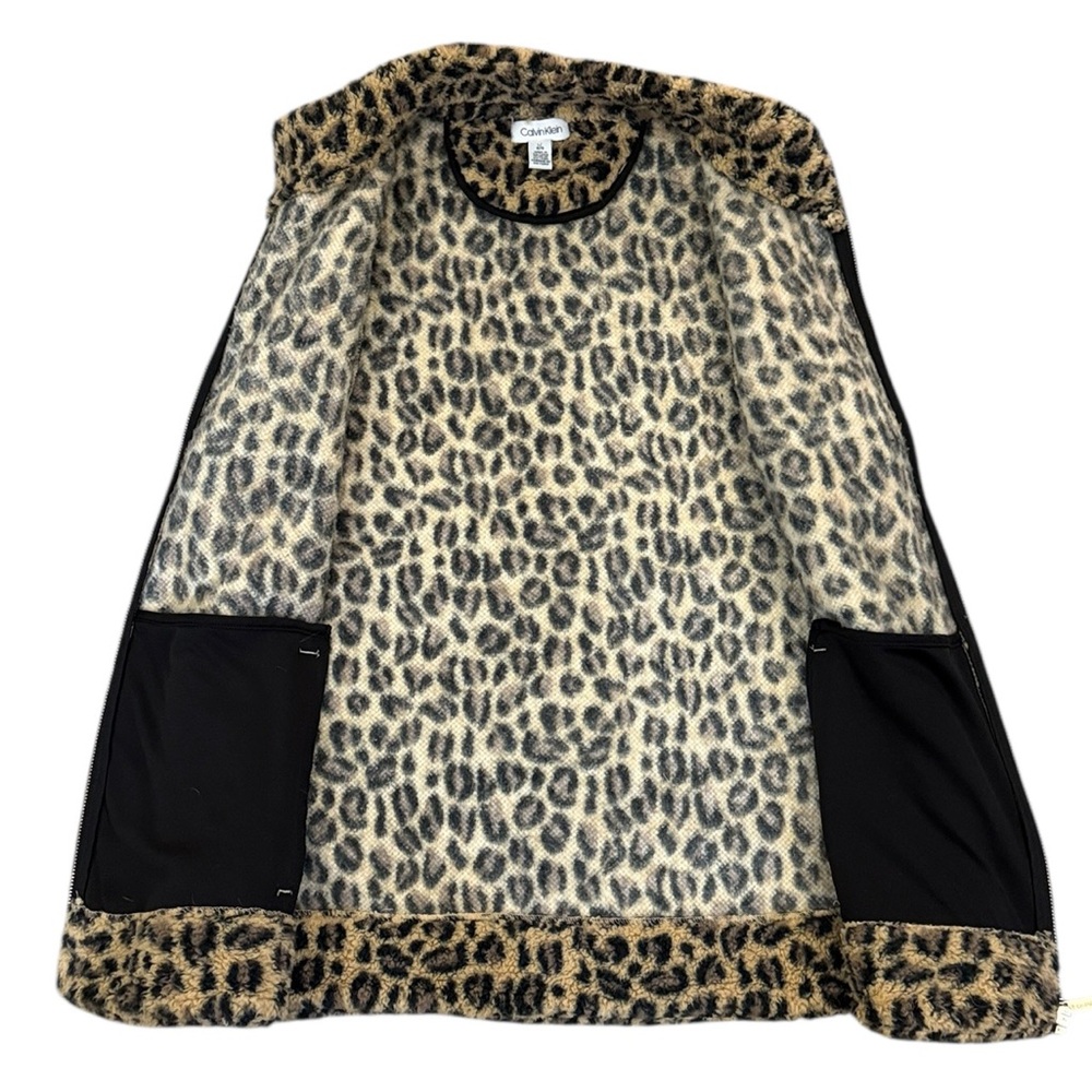 Calvin Klein Leopard Fleece Vest Sherpa Zip Pockets Size Large - Picture 7 of 14